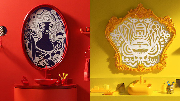 Leilão beneficente conta com obras de arte pintadas em espelhos com escova e pasta de dente