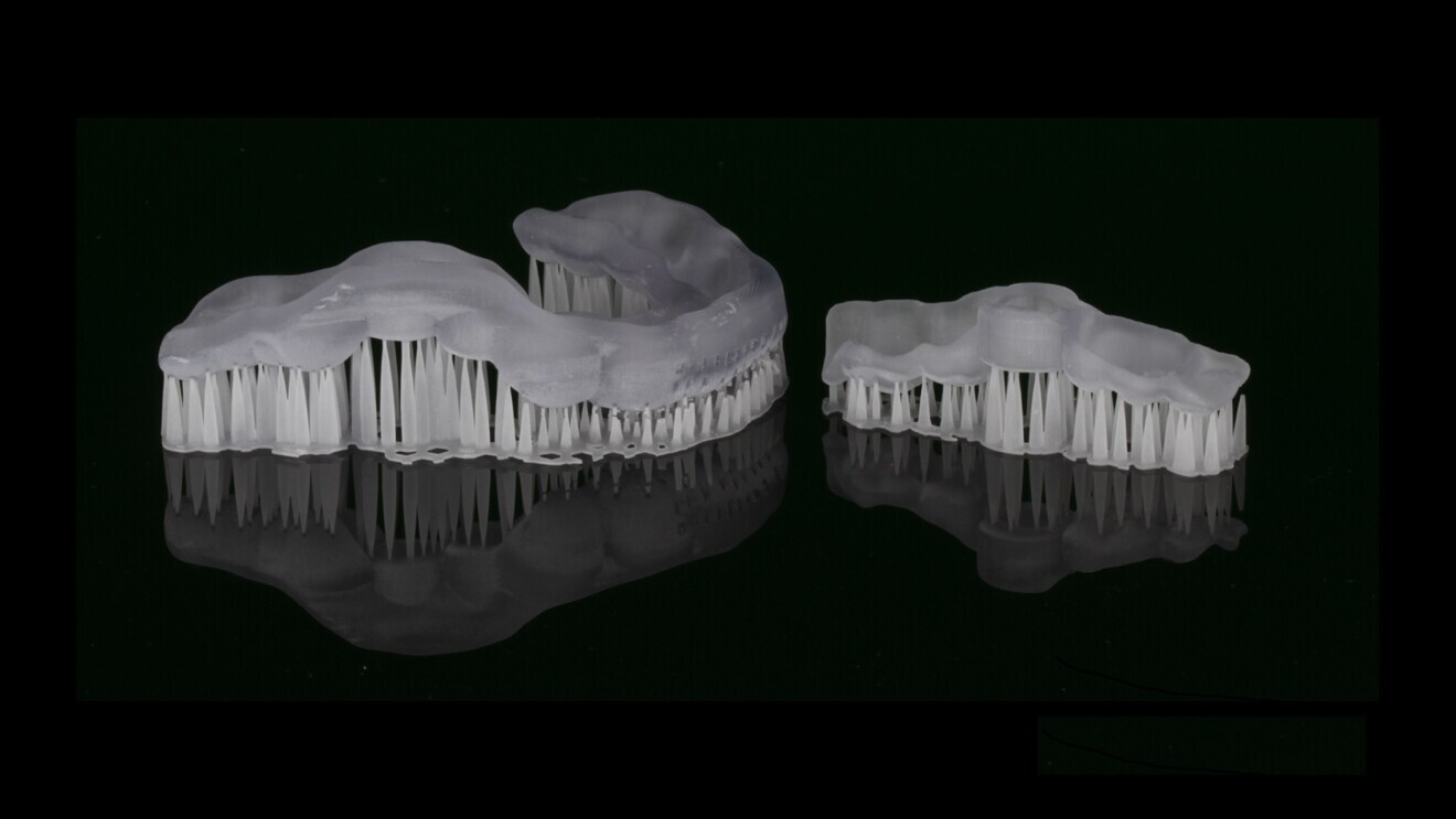 Fig. 2: 3D-printed surgical guides straight from the printer.