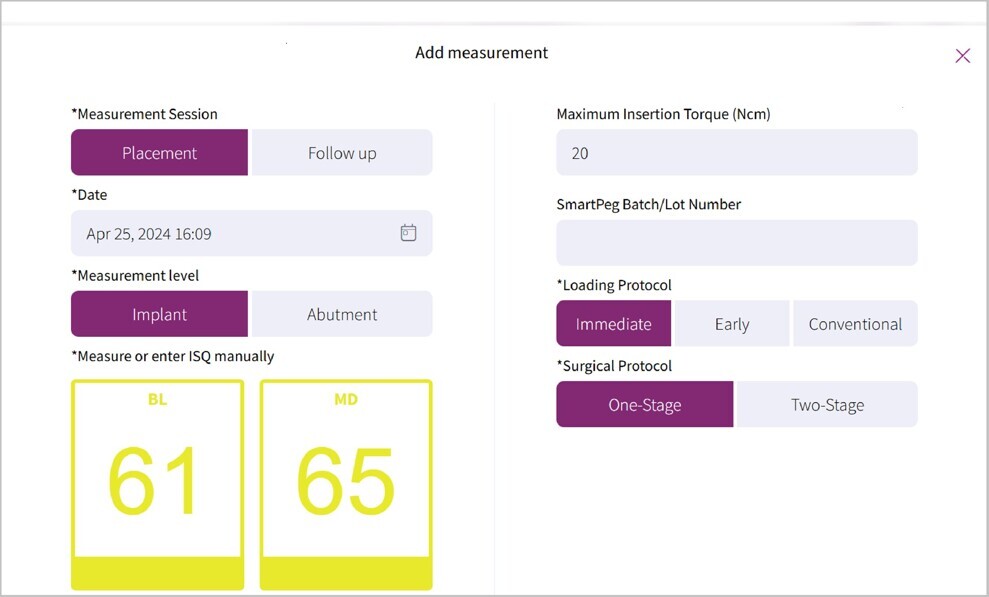 Fig. 8: OsstellConnect showing an initial ISQ value of 61 and 65, represent- ing acceptable primary stability of the implant.