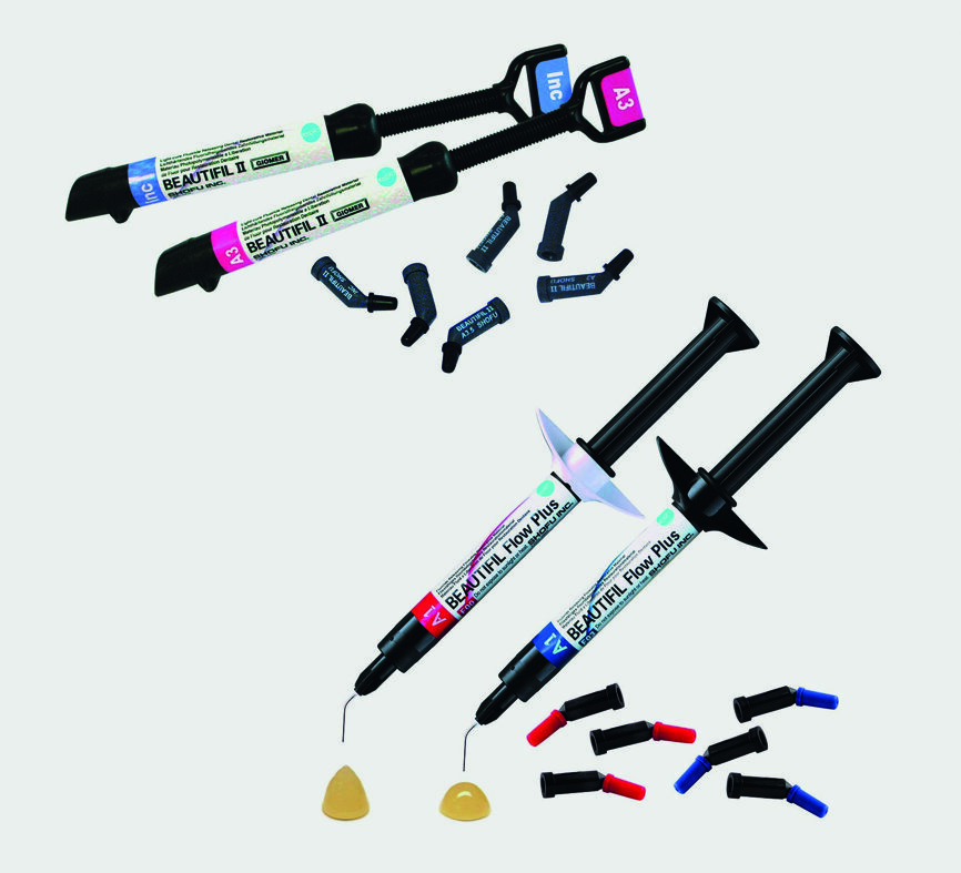 Fig. 6 : Le système de giomères Beautifil, notamment Beautifil II et Beautifil Flow Plus, est constitué de matériaux de restauration bioactifs qui induisent une reminéralisation