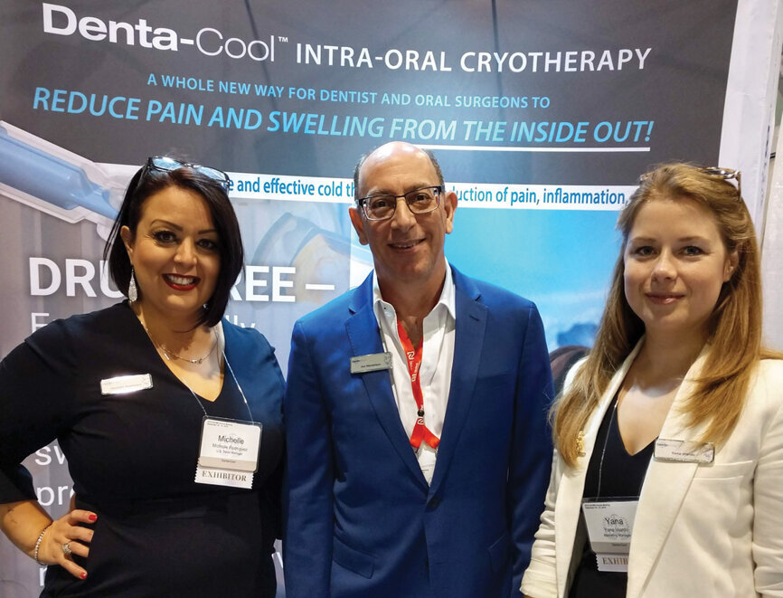 Come learn about the first intraoral cryotherapy device with the ability to cool the entire mouth uniformly from the inside at the Denta-Cool booth. From left: Michelle Rodriguez, Jon Mendelson and Yaya Viardo.