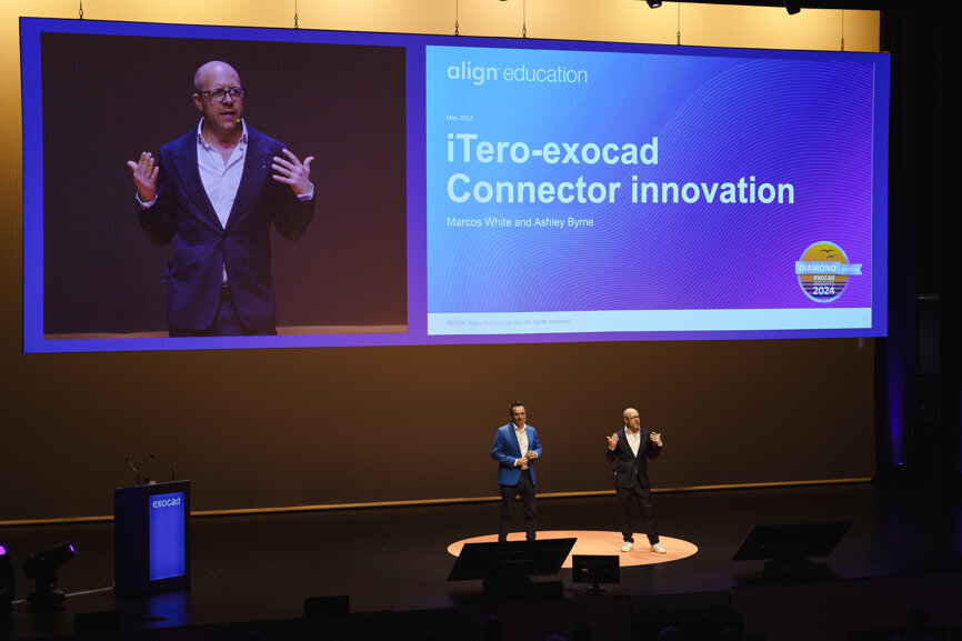 The team presentation by Ashley Byrne and Dr Marcos White from the UK focused on the iTero-exocad Connector and its benefits for collaboration between labs and dentists. (Image: exocad)