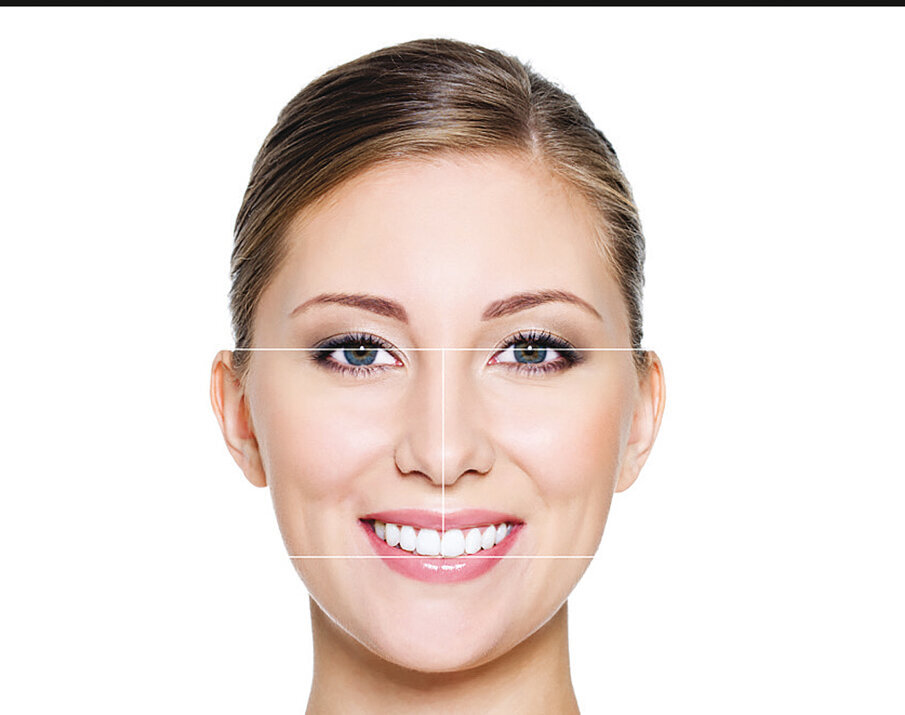 Slika 1.              
1. Središnja linija (okomita).
Središnji sjekutići ne smiju odstupati od središnje linije lica.

2. Bipupilarna linija 
  (vodoravno).
Interpupilarnom linijom određuje se idealan položaj okluzijske ravnine u gornjoj čeljusti.
3. Simetrija osmijeha
Simetrija osmijeha ovisi o položaju sjekutića, širini bukalnog koridora i simetriji usana.
