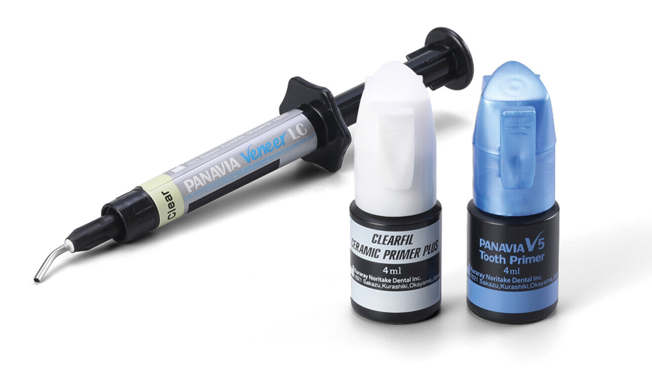 PANAVIA Veneer LC Paste is available in a system with CLEARFIL CERAMIC PRIMER PLUS and PANAVIA V5 Tooth Primer. (Image: Kuraray Noritake Dental)
