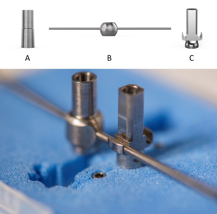 Fig.1 - Le componenti del sistema OkSplint e come le stesse si connettono tra loro. A, il componente statico dell’abutment primario; B, il componente dinamico; C, l’abutment secondario con gli alloggi per le “braccia” del componente dinamico. Nell’immagine sottostante è mostrata il dettaglio della connessione tra le tre componenti. 