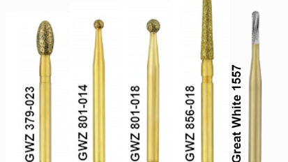 Fig. 1: Great White Z diamond coated burs utilised for zirconia crown removal or endodontic access and metal cutter carbide bur for use on all-metal crowns or the metal base of porcelain-fused-to-metal restorations.