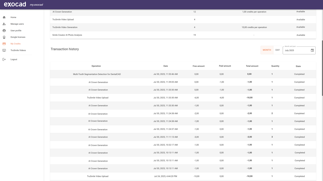Fig. 3: The my.exocad portal provides a detailed record of past exocad credit transactions.