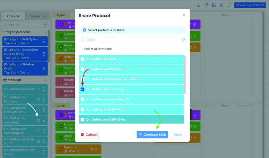 Fig. 3: White arrow to share, red arrow to select which to share, green to generate link to send.