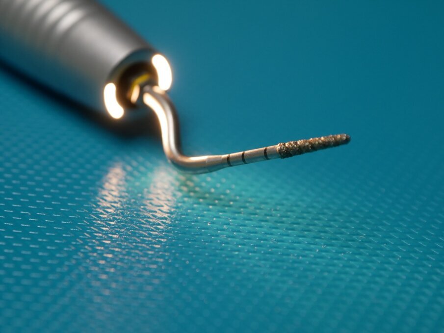 Fig. 1 - L’immagine mostra un moderno manipolo sonico dotato di illuminazione, idoneo per applicazioni chirurgiche. È equipaggiato con un inserto conico diamantato dotato di indicatori di profondità a 8 mm,10 mm,13 mm,15 mm.