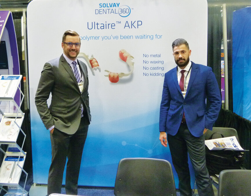 Ask Mike Larsson and LJ Bignone of Solvay Dental 360 about the new Ultaire AKP. (Photo: Sierra Rendon, DTA)