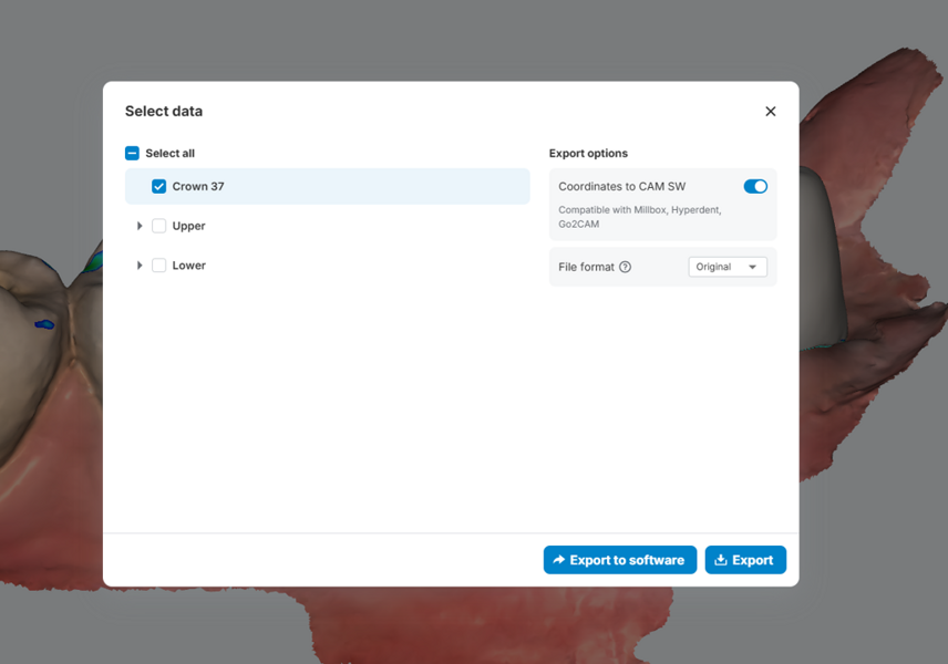 Fig. 7a: Export of design data. Export interface showing the selection of crown #37 and preparation of the STL file for manufacturing.