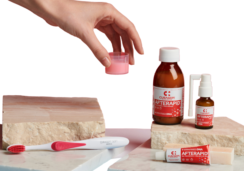 Linija Curasept Afterapid sastoji se od tri proizvoda: tekućine za ispiranje usta, zaštitnog gela i spreja. (Slika: Curasept)