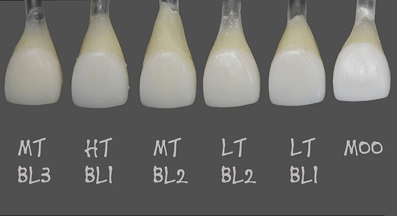 Fig. 4a Juxtaposition of various bleach ingots from the IPS e.max Press portfolio (all with identical thickness of veneering material). The value increases from MT BL3 to MO 0.