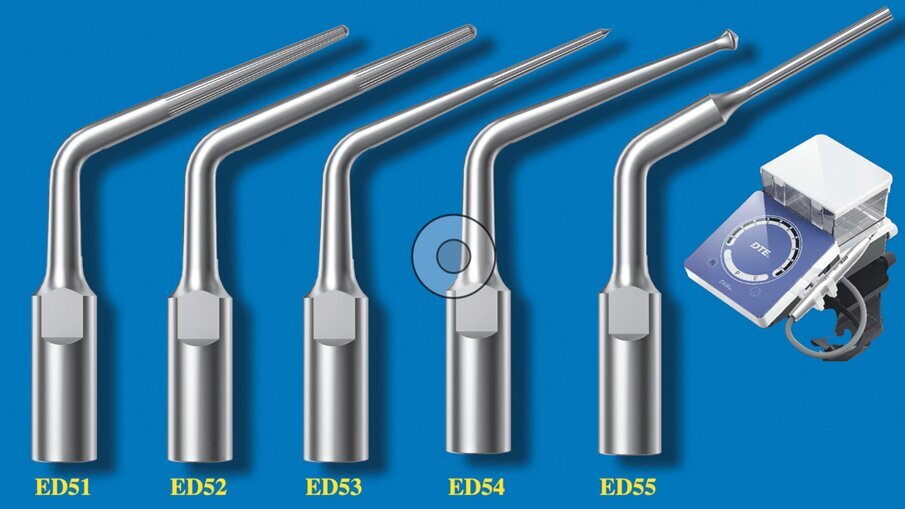 Fig. 1 - Le cinque punte da ultrasuoni A-C Tips specificamente disegnate dalla Woodpecker per la rifinitura della cavità d’accesso.
