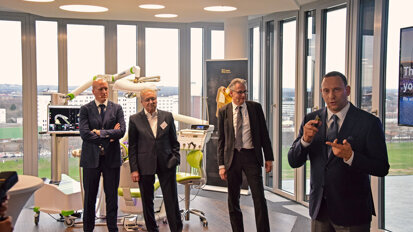From left to right: Prof. Stefan Holst,  Vice President Global Research, Products and Marketing at Nobel Biocare; Dr Axel Kirsch, Principal Managing Partner at LOGON; Dr Pascal Kunz, Vice President Digital Solutions at Nobel Biocare; and Hans Geiselhöringer, President and CEO of Nobel Biocare. (Photograph: Brendan Day, DTI)