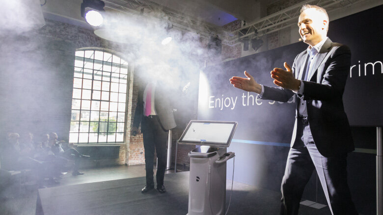 Dr Sameer Puri and Konrad Klein (Project Manager R & D at Dentsply Sirona) were on stage as Primescan was unveiled. (Photograpah: Dentsply Sirona)