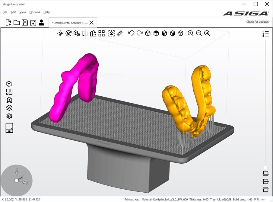 Obr. 6: Poloha CAD návrhu dlahy před tiskem (Asiga Composer).