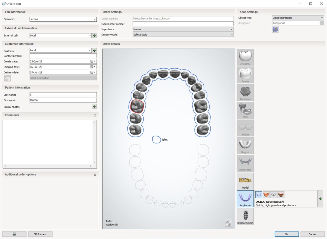 Fig. 3: Design of the splint using the Splint Studio CAD program (3Shape).