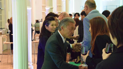 Makoto Nakao, chairman of the board of GC International, and Makiko Nakao, president of the Nakao Foundation for Worldwide Oral Health, were first in line to greet party guests.