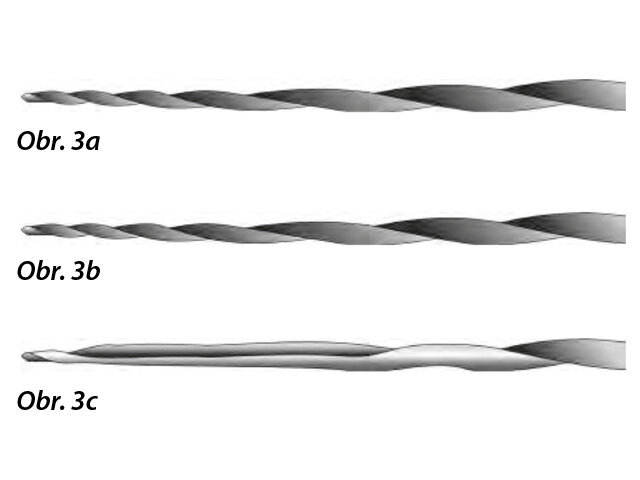 NiTi nástroje ošetřené řízenou pamětí: nový nástroj (a); použitý nástroj bezpečný pro opětovné použití (b); opotřebený, rozvinutý a již nepoužitelný nástroj (c).