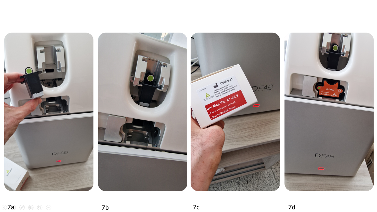 Figs. 7a–d: Steps in 3D printing of the definitive restoration with the Dfab printer. The operator opens the Dfab door, secures the grey disposable printing plate, supplied with the cartridge, on to its black carrier (printing block; a) and inserts the assembly into the corresponding upper slot of the printer (b). The operator then inserts the Irix Max cartridge (c) and locks it into the corresponding lower slot (d). The operator can then close the printer.