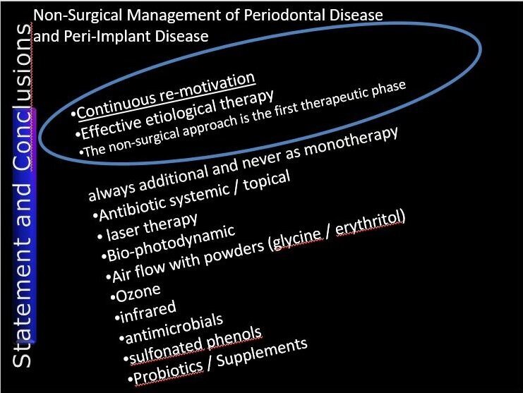 Fig. 1a - Diapositiva che illustra le premesse e le conclusioni relative a un trattamento non chirurgico delle malattie parodontali e peri-implantari.