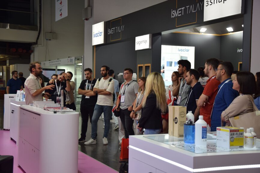 Lines formed at many booth, such as the one here at EMS.