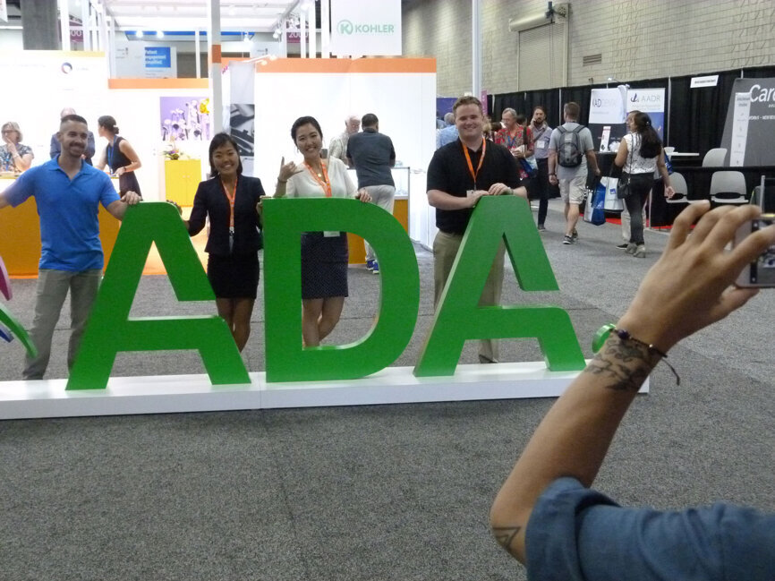 From left: Gregg Martin, DDS, Washington, D.C.; Courtney Miyamoto, DDS, of Wailuku, Hawaii; Billie Dorjsuren, DDS, of Clarksburg, Md.; and Matt Sandusky, DDS, of York, Pa., reunite at ADA 2018 for the first time since graduating together from the University of Pennsylvania School of Dentistry in May. (Photo: Robert Selleck/DTA)