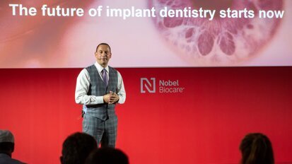 President of Nobel Biocare, Hans Geiselhöringer, at the press conference. (Photograph: Nobel Biocare)