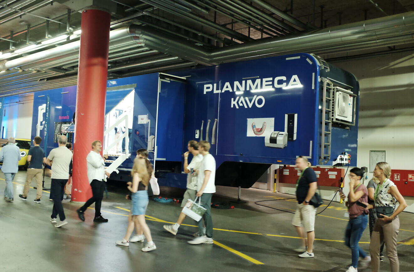 The Planmeca mobile dental showroom parked in Leipzig’s Red Bull Arena. (Image: DTI) 