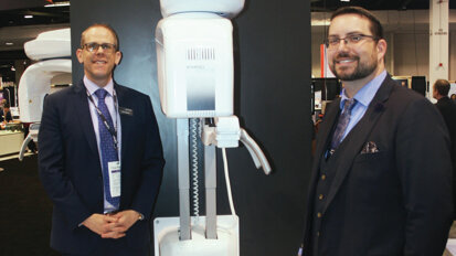 Acteon’s Chip Vagnoni and Tom Davis show off the new X-Mind Prime, which combines 2-D and 3-D technologies. With 24 panoramic and 32 CBCT options, X-Mind Prime covers many applications, including implants, endodontics, TMJ and sinus imaging.