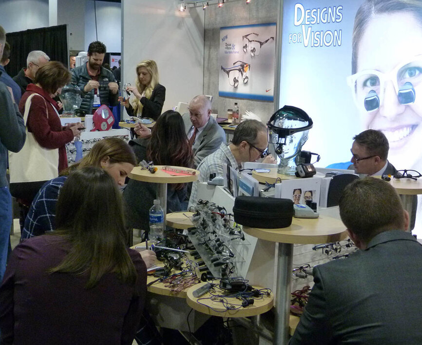 The test-stations in the Designs for vision booth were frequently filled with dentists and hygienists checking out the selection of ultralight and ultra-bright loupes and headlights.