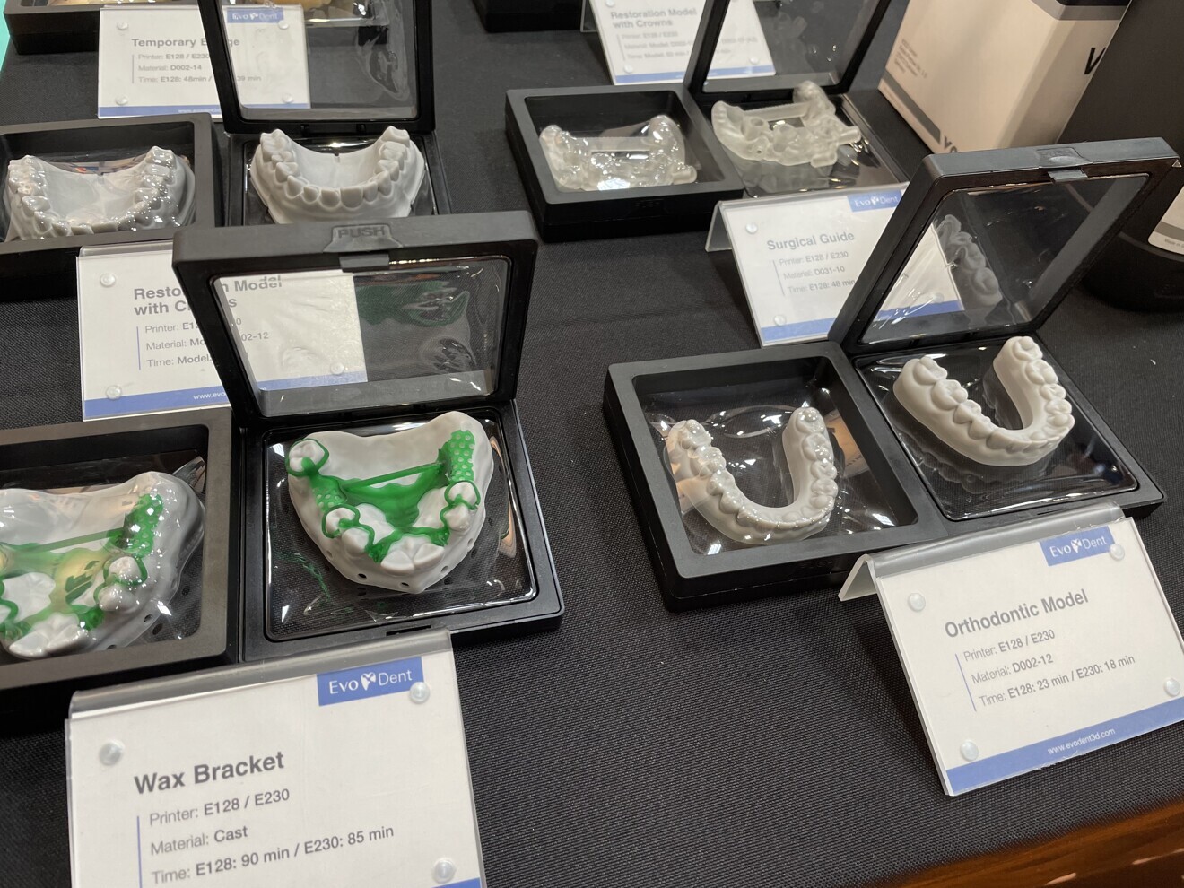 Examples of wax brackets and orthodontic models fabricated with EvoDent printers.
