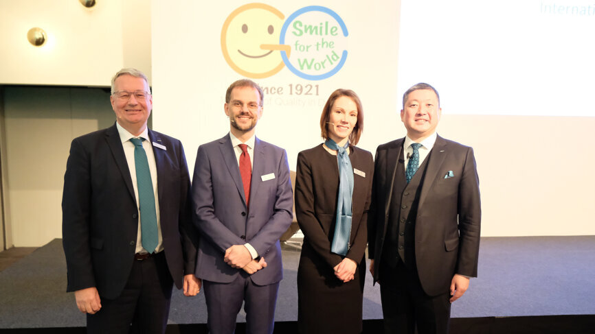 From left: Frank Rosenbaum, chief marketing officer at GC International, Prof. Matteo Basso, head of the Centre of Minimal Invasive, Aesthetic and Digital Oral Rehabilitation at the University of Milan; Dr Virginie Horn Bolter, general marketing manager at GC; Dr Kiyotaka Nakao, president and CEO of the GC Corporation. (Image: OEMUS Media) 