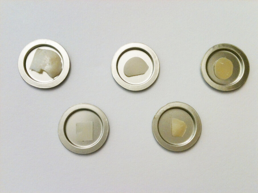 Dental restorative materials placed on measuring caps  used in the optically stimulated luminescence reader (from top left): human tooth enamel (molar), composite 1 (Dentsply ), composite 2 (Kerr), ceramic 1 (light-cured, DeguDent) and ceramic 2 (chemically cured, DeguDent).