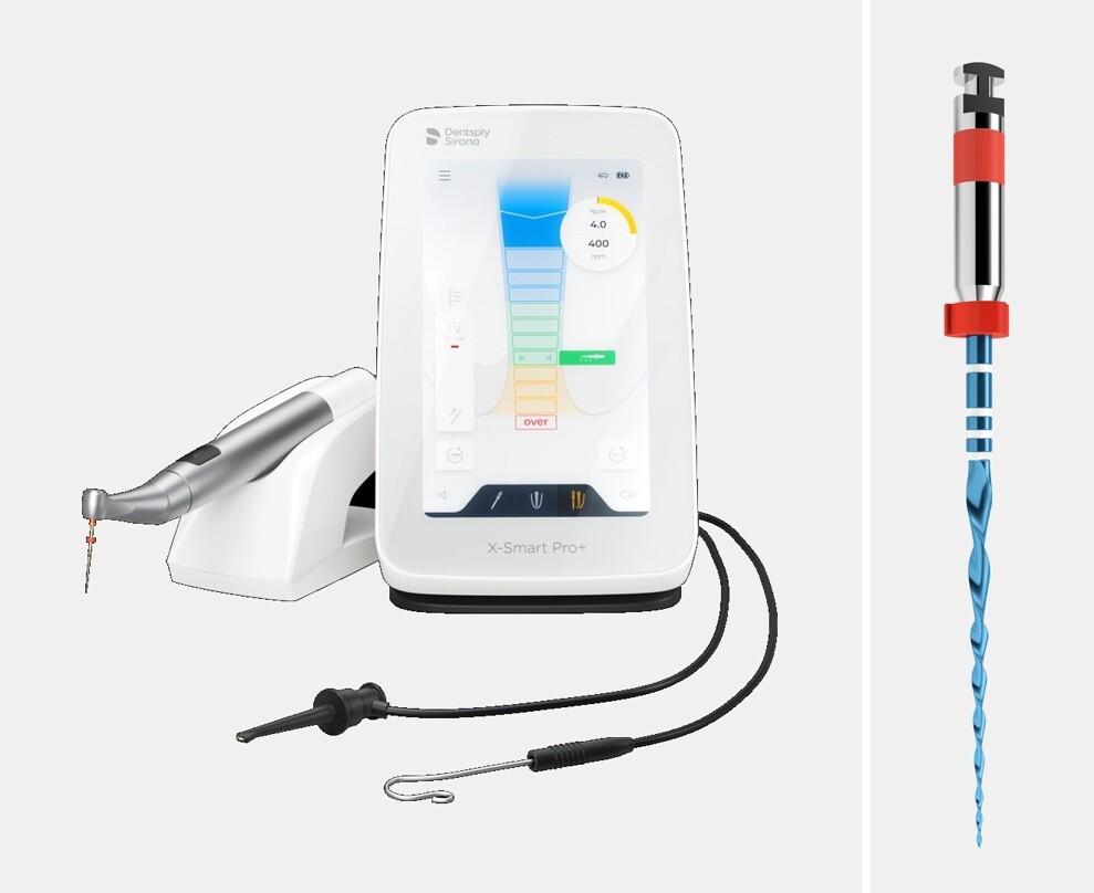 X-Smart Pro+ endodontic motor (left) and Reciproc Blue NiTi file (right), designed as a coordinated one-file endodontic solution in continuous rotation and reciprocating modes.