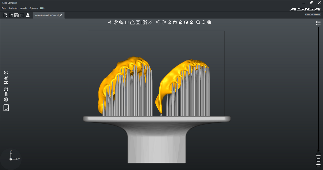 Fig. 3: Denture bases with supporting structures on the build plate in the nesting software.