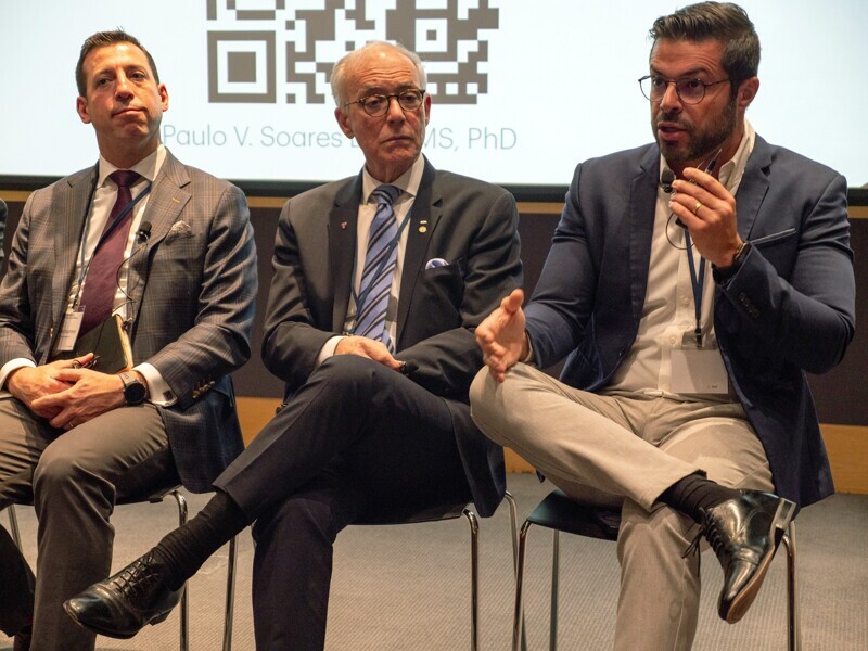 The second group of panelists discuss advocacy, evidence and collaborative engagements during Stakeholders’ Day at the Harvard School of Dental Medicine (from left): David Kochman (senior vice president and chief corporate affairs officer, Henry Schein), Bob Faiella (president, American College of Dentists; chair, board of fellows, Harvard School of Dental Medicine; chief dental officer, 32Health) and Paulo Vinícius Soares (director, Paulo Vinícius Institute; Assoc. Prof., Federal University of Uberlândia).
