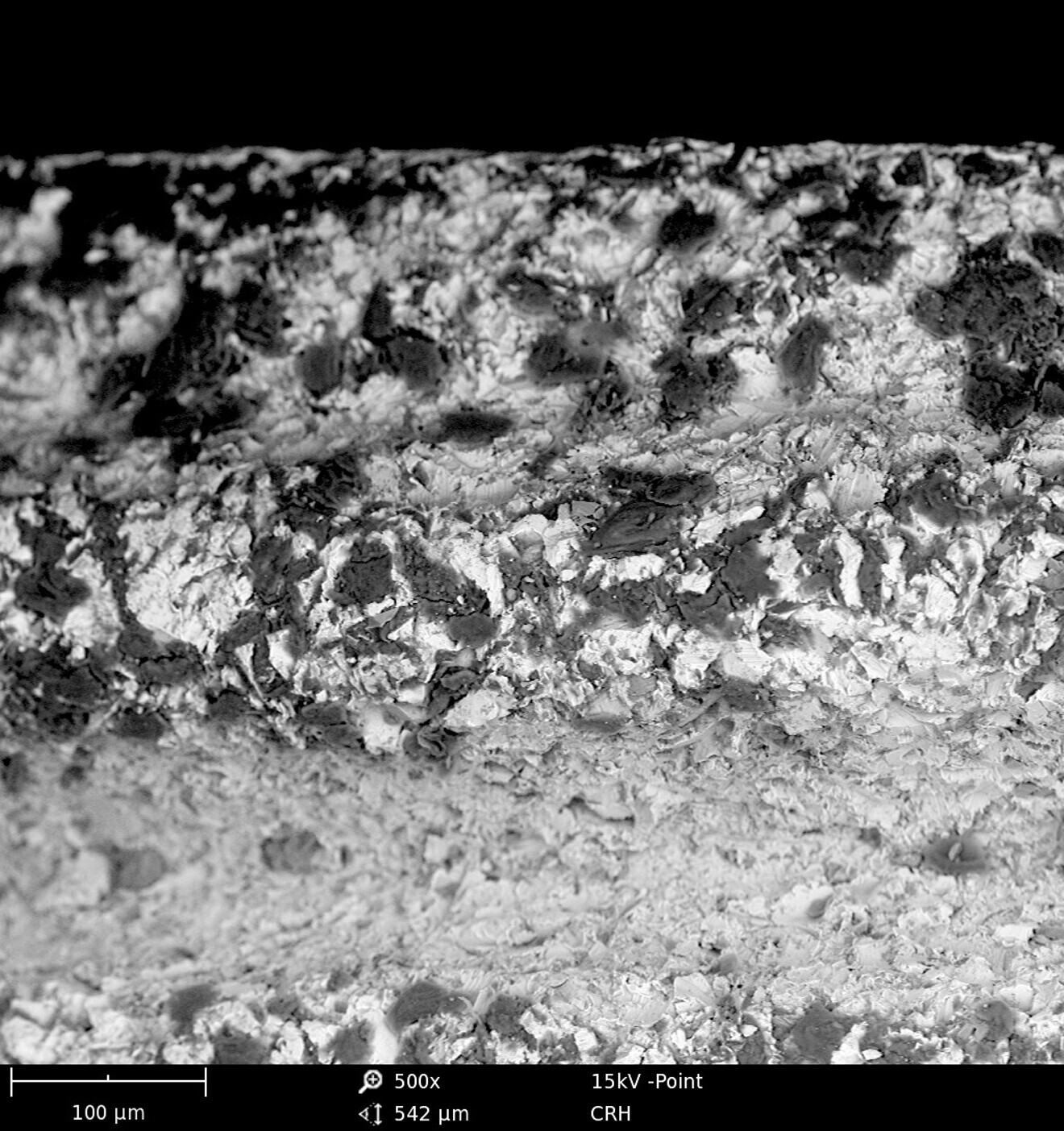 Fig. 2: Numerous organic particles on the entire implant shoulder (OCO Biomedical). SEM 500× magnification.