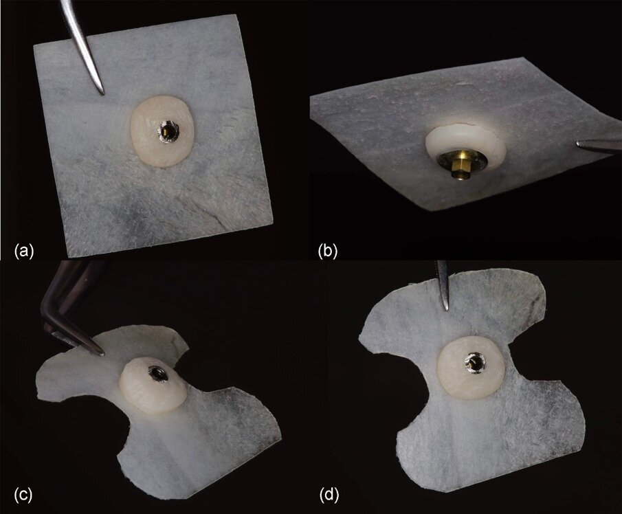 Fig. 12_a) e b) Composito lamina-moncone prima della modellatura finale, c) e d) Composito dopo la modellatura della barriera in base alla topografia del sito.