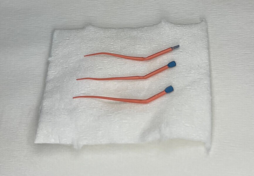Fig. 6c: Master point fitting with 30/.04 HyFlex EDM gutta-percha points. Intra-oral view (a). Radiograph (b). Individual gutta-percha points (c).