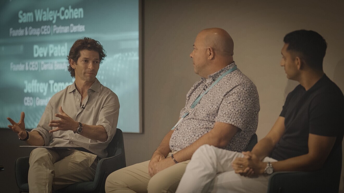 Open discussion between Sam Waley-Cohen (left), chairman of PortmanDentex; Jeffrey Tomcsik, CEO of Grand Dental Group; and Dr Dev Patel, CEO of Dental Beauty Partners. 
