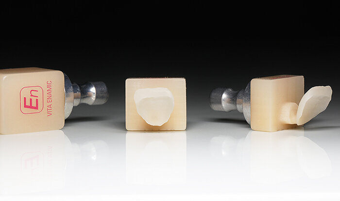 Fig. 9: The sheer veneers made of VITA ENAMIC multiColor immediately after grinding out.