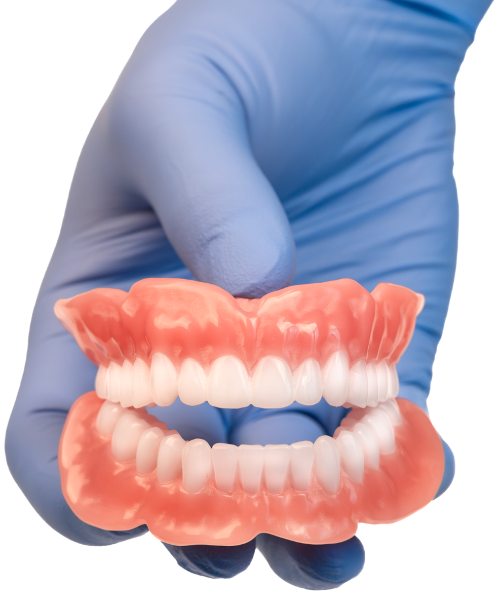 3D-printed one-piece removable protheses with custom-blended tooth shades.