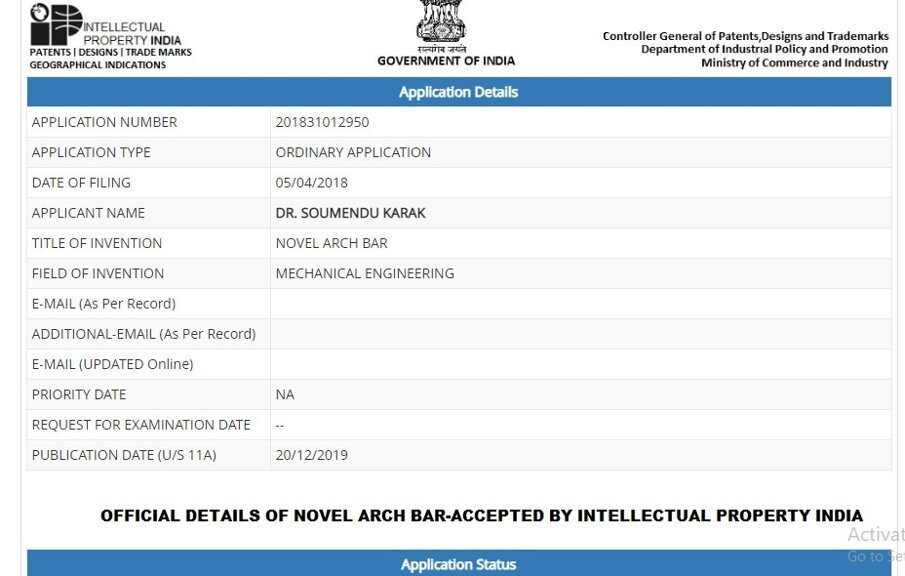 Fig 4: Official IPR details of the Novel Arch Bar