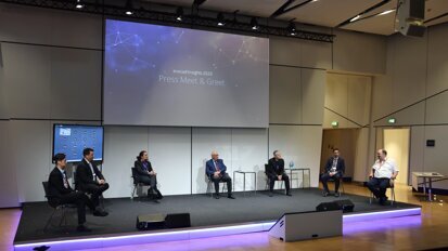 From left: Director of DOF Europe Gregory Park, Global Product Management iTero Align Technology Christophe Dorian, exocad CEO and co-founder Tillmann Steinbrecher, President exocad America Larry Bodony, exocad CCO Novica Savic, Account Manager Shining 3D Riccardo Molinelli and Vice President Medit EMEA Laurence Grice-Roberts at the Monday morning press conference. Christian Ermer, who is the Chief Marketing Officer at Amann Girrbach, joined via a video call since he was not able to travel. (Image: Dental Tribune International)