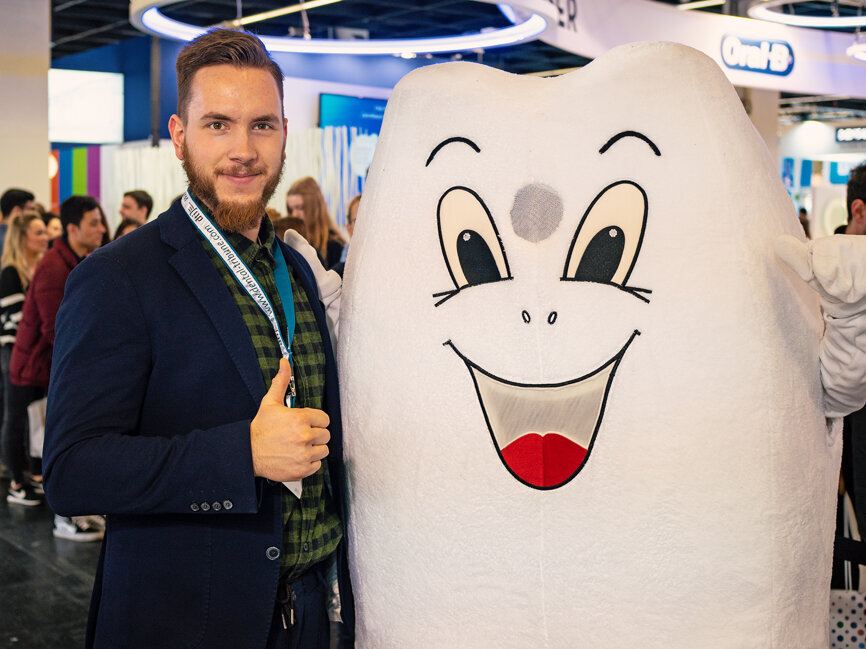 The VOCO mascot and DTI's Digital Production Manager Tom Carvalho. (Photograph: Monique Mehler, DTI)