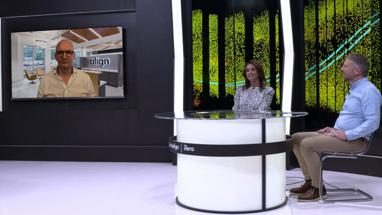 Markus Sebastian, senior vice president and managing director for Europe, Middle East and Africa at Align (on screen) with moderator Melissa Porter (middle) and Dr Michael Davidson, director of clinical and professional education for Europe, Middle East and Africa (far right). (Image: Align Technology) 
