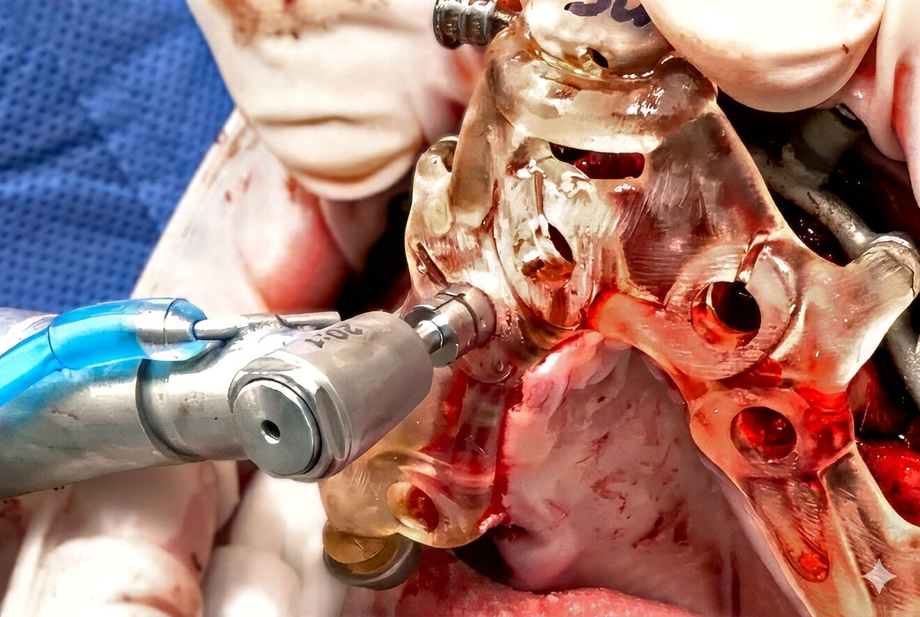 Fig. 20: Guided osteotomy preparation performed through the surgical guide attached to the base frame.