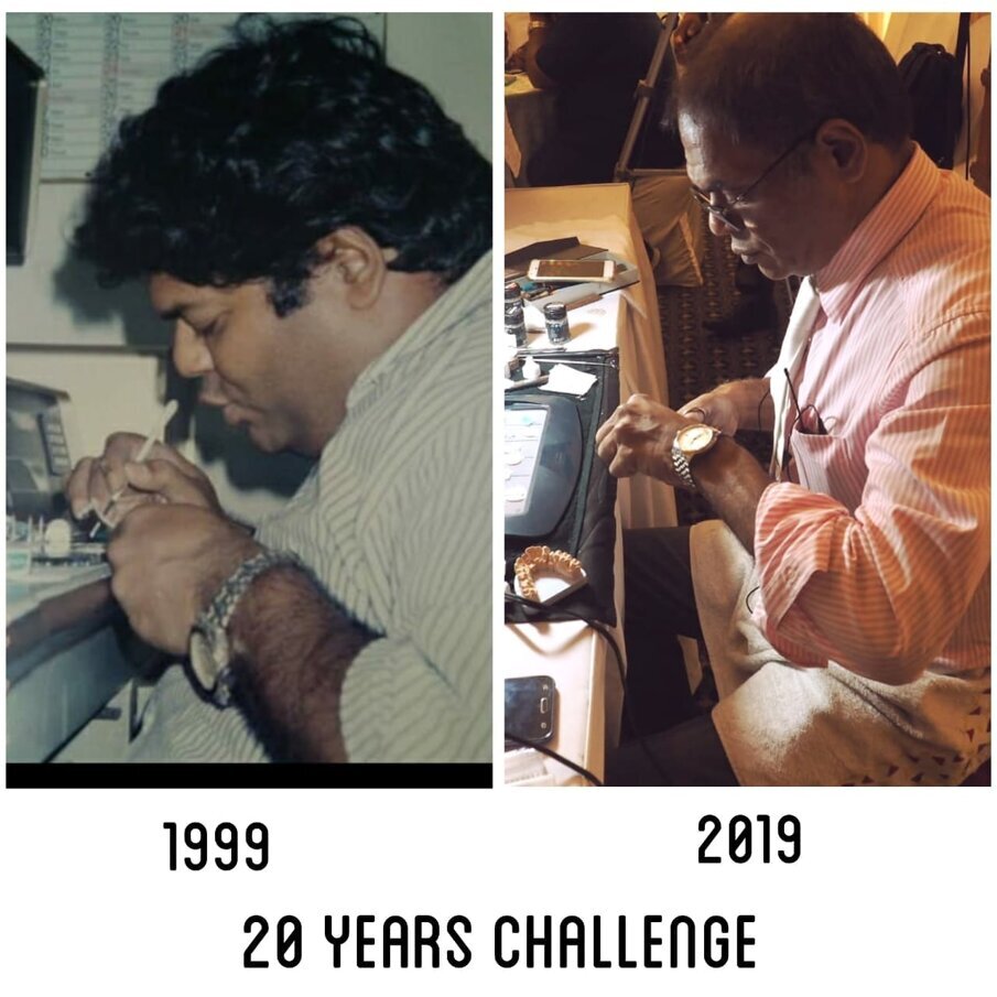 Mahesh Chaudhary in his lab in 1999 and in 2019. The dedication remained the same. 